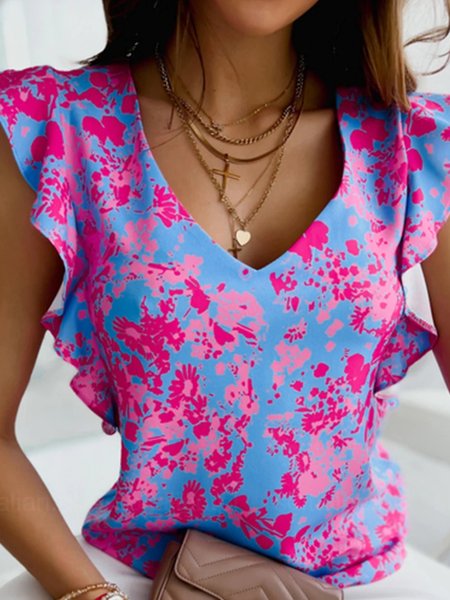 

Romantic V Neck Loosen Short Sleeve Tops, Rose red, Tops