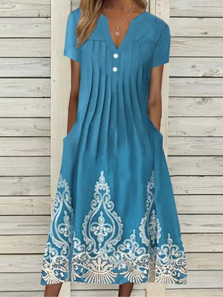 

Vacation Geometric Floral Casual Loosen Buttoned V Neck Plus Size Short Sleeve Woven Dress, Blue, Midi Dresses
