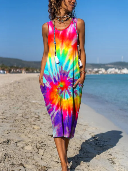 

Tie Dye Casual U-Neck Sleeveless Knitting Dresses, Multicolor, Dresses
