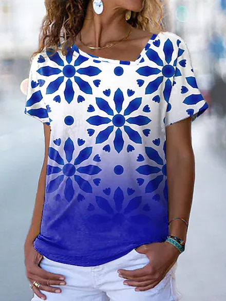 

Asymmetrical Neck Floral Short Sleeve T-Shirt, Blue, T-Shirts