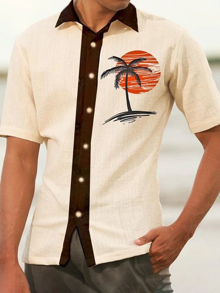 

Men's Cotton Linen Plant Floral Comfortable Short Sleeve Shir, Apricot, Shirts ＆ Blouse