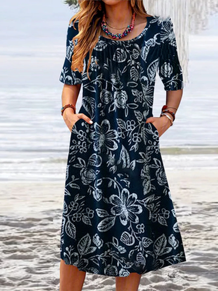 

Casual Loosen Cotton Blends Short Sleeve Knit Dress, Dark blue, Midi Dresses