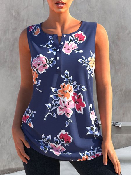 

Casual Floral Sleeveless Plus Size Printed Top Vests, Blue, Tank Top