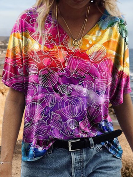 

Loosen Ombre V Neck Short Sleeve T-Shirt, Multicolor, T-Shirts
