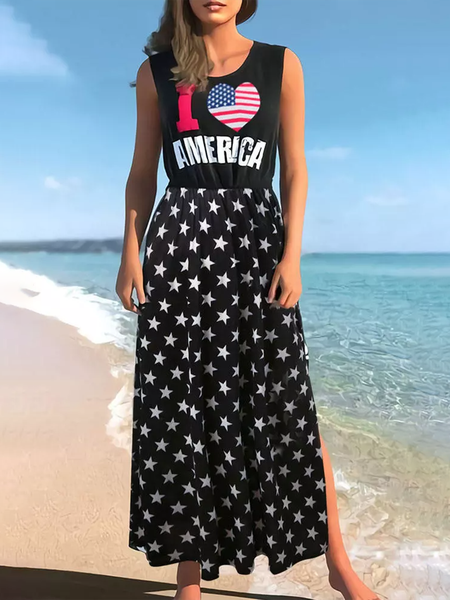 

I Love America Flag Star Printed Casual Vacation Slit Round Neck Maxi Dresses, Black, Dresses