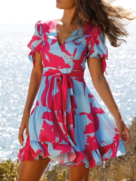 

Holiday V neck Printed Short Sleeve Dress, Pink, Mini Dresses