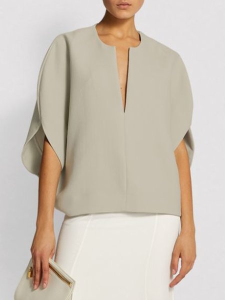 

Work V Neck Solid Half Sleeve Simple Top, As picture, Blouses and Shirts