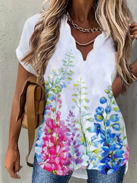 

Casual Floral Short Sleeve V Neck Plus Size Printed Tops, White, Tops