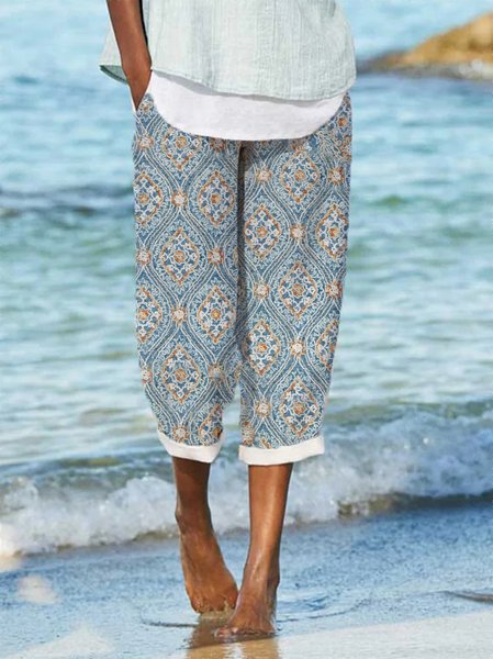 

Elastic Waist Casual Tribal Cropped Pants, Blue, Pants