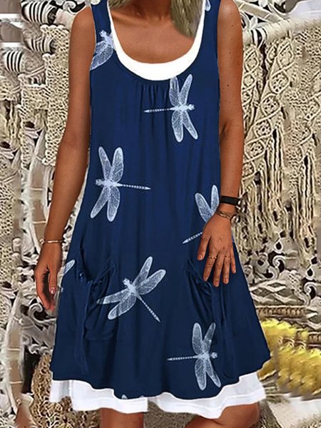 

Casual Crew Neck Sleeveless Dress, Blue, Midi
