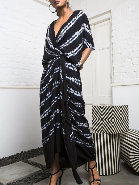 

Daily Tie Dye V Neck Short Sleeve Woven Dress, Blue, Maxi Dresses
