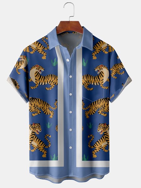 

Men's New Casual Breathable Short Sleeve Hawaiian Shirt With Chest Pocket, Blue, Men's Floral shirt