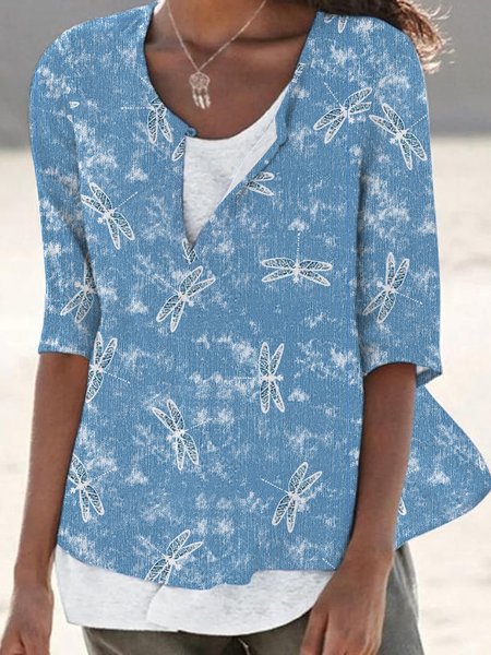 

Nail button holiday gradient Dragonfly linen loose top Plus Size, Blue, Shirts & Blouses
