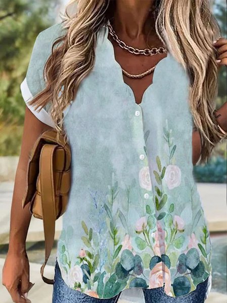 

Floral V Neck Casual Loosen Short Sleeve Blouse, Green, Shirts & Blouses