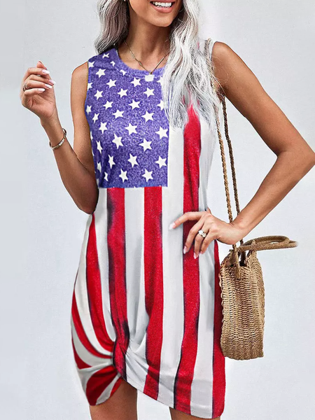 American Flag Star Striped Twist Round Neck Sleeveless Mini Dresses, Multicolor, Mini Dresses
