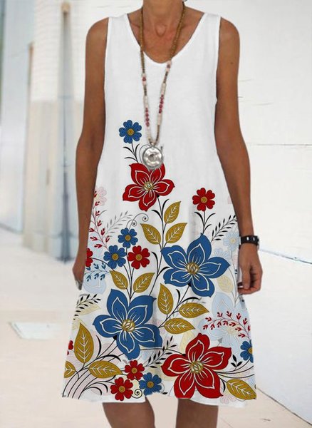 

Casual Floral Loosen Sleeveless Woven Dresses, White, Mini Dresses
