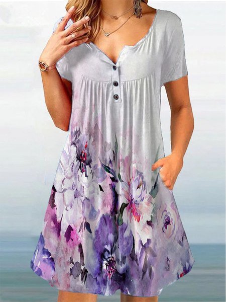

Vacation Floral Ruched Short Sleeve Knit Dress, Multicolor, Mini Dresses