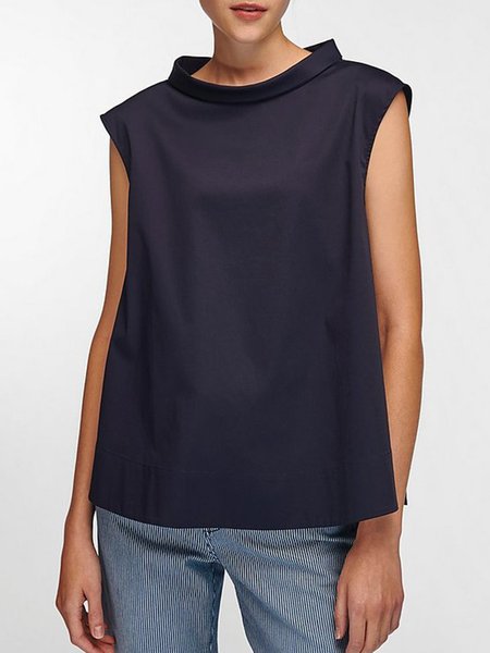 

Simple Loosen Casual Stand Collar Sleeveless Top, Black, Tops