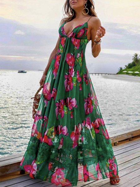 

Floral Vacation Regular Fit Sleeveless Maxi Dress, Green, Maxi Dresses