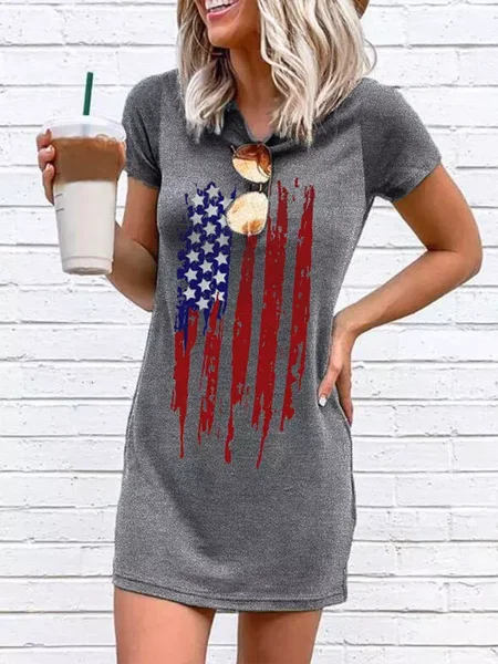 

American Flag Casual Round Neck Short Sleeve Mini Dress, Gray, Dresses