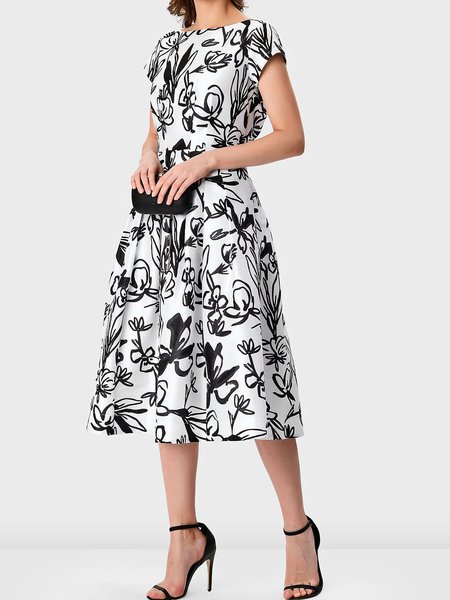 

Summer Fit and FlareX Short sleeve Elegant Floral Short Sleeve Woven Dress, Black, Midi Dresses
