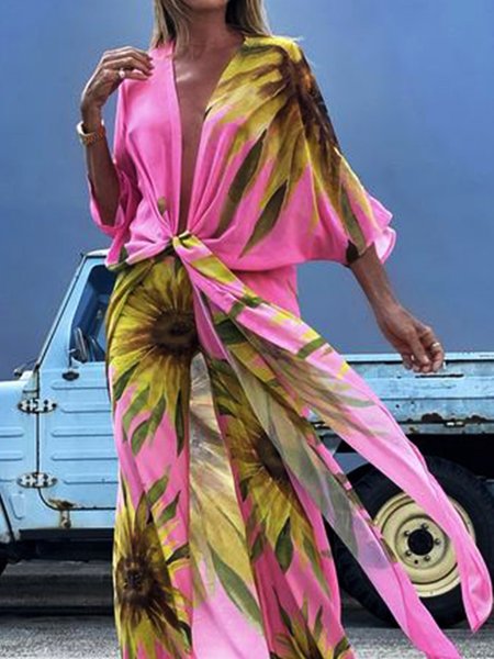 

Holiday Half sleeve Collarless Vacation Cardigan, Pink, Kimonos