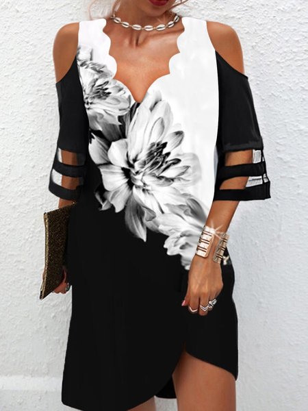 V Neck Loosen Short Sleeve Knit Dress, Black-white, Mini Dresses