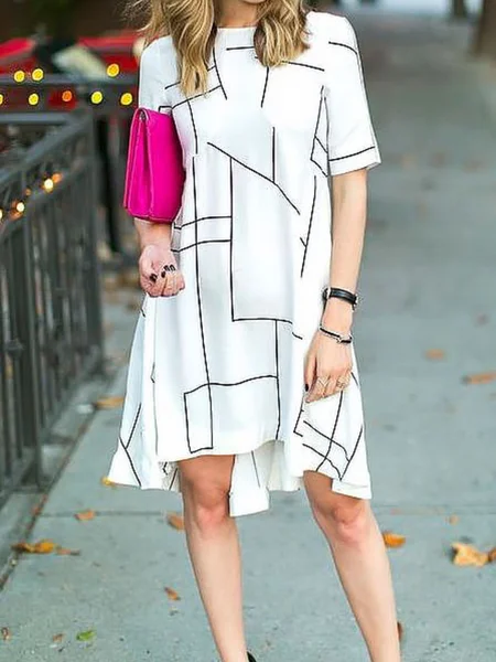 

Summer A-line Crew Neck Loosen Short Sleeve Woven Daily Dress, White, Midi Dresses