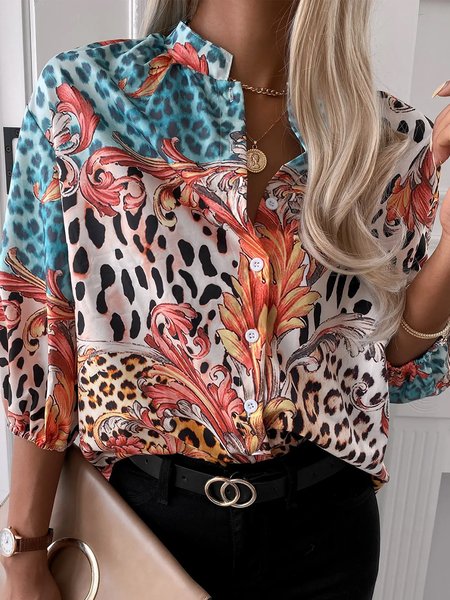 

Abstract Loosen Stand Collar Casual Blouse, Multicolor, Blouses and Shirts