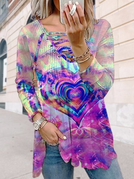 

V Neck Ombre Vacation Long Sleeve Tops, Multicolor, Shirts & Blouses