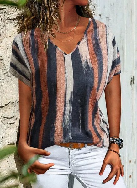 Stripes V Neck Basic Shift T shirt