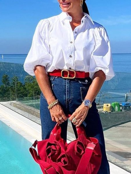 

Plain Shirt Collar Loosen Mid Sleeve Blouse, White, Blouses and Shirts