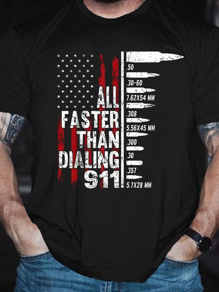 

All Faster Than Dialing 911 American Flag Gun Lover For Men Short Sleeve Crew Neck Cotton Short Sleeve T-Shirt, Black, T-shirts