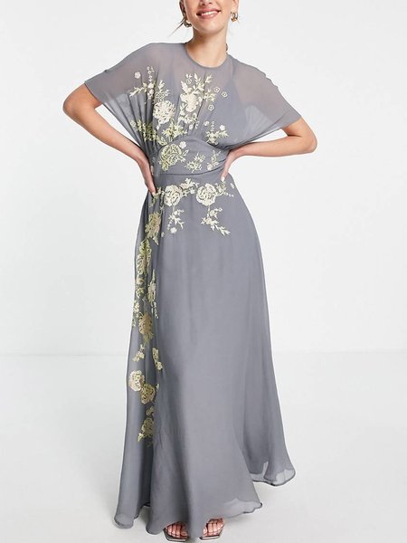 

Elegant Crew Neck Regular Fit Floral Short Sleeve Maxi Dress, Gray, Maxi Dresses