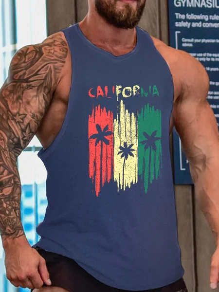 

California Vintage Coconut Tree Print Top, Blue, Tank Tops