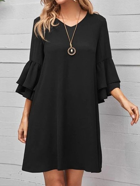 

Casual Solid Short Sleeve Woven Dress, Black, Mini Dresses