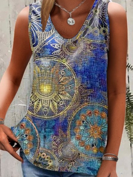 

Loosen Tribal V Neck Woven Tank Tops, Blue, Tank Top