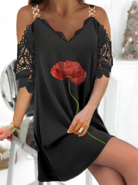 

Loosen Sexy Short Sleeve Knit Dress, Black, Floral Dresses