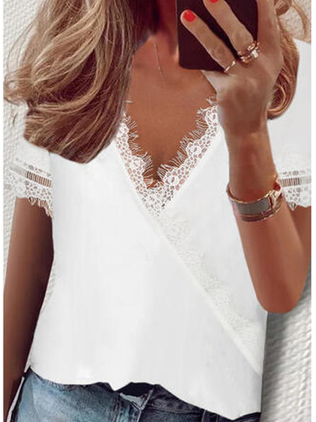 

V Neck Vacation Loosen Short Sleeve Tops, White, Tees & T-shirts