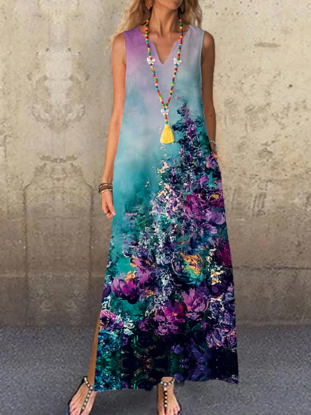 

Casual V Neck Floral Sleeveless Woven Dresses, Multicolor, Dresses