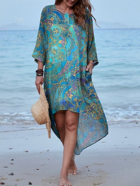 

A-line Jacquard Tribal Casual Crew Neck Short Sleeve Woven Dress, Blue, Dresses