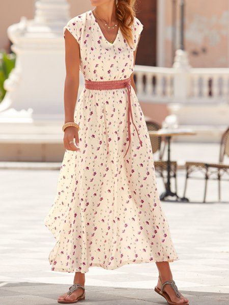 Plus size Floral Casual Holiday Dress, Beige, Maxi Dresses