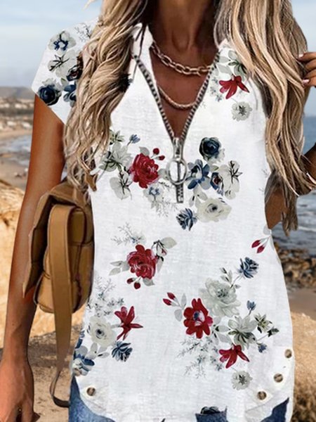 

Loosen V Neck Floral Short Sleeve Blouse, White, T-Shirts