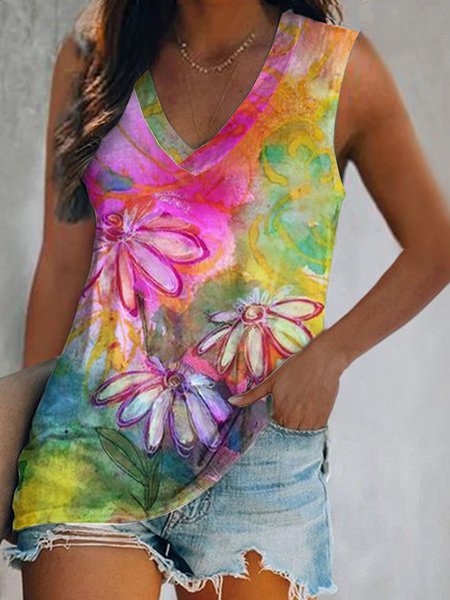 

Loose rainbow gradient floral print top T-shirt vest Plus Size, Multicolor, Tanks & Camis