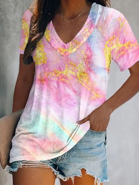 

Light shadow rainbow gradient marble loose holiday top T-shirt Plus Size, Multicolor, T-Shirts