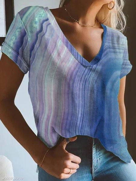 

Casual V Neck Loosen Short Sleeve T-Shirt, Blue, T-Shirts