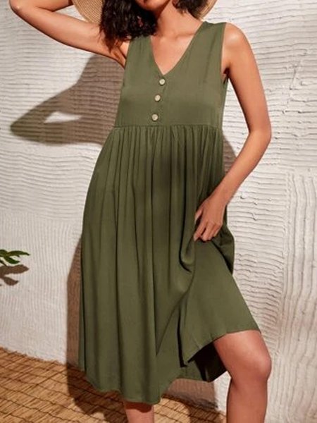 

Plain, patterned, button less cotton army green a-hem loose dress midi Plus Size, Dresses