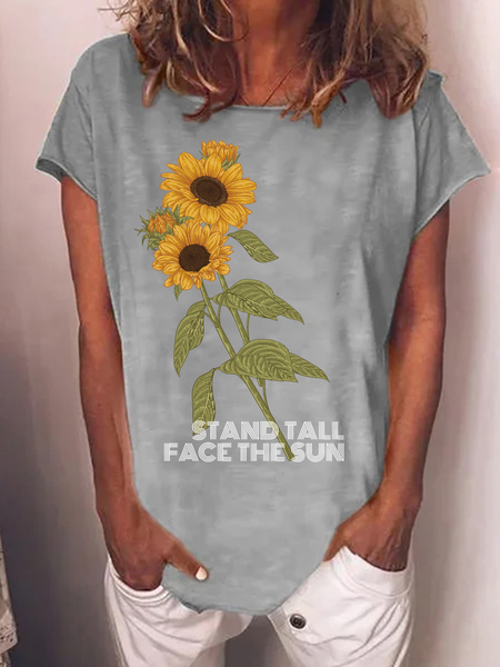 

Stand Tall Face the Sun Sunflower Letter Casual Short Sleeve Tops, Gray, T-shirts