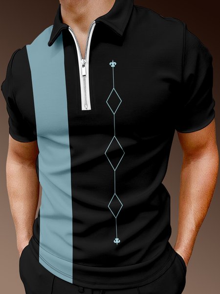

Casual Art Collection Striped Geometric Lapel Short Sleeve Polo Print Top, Black, Men's t-shirts