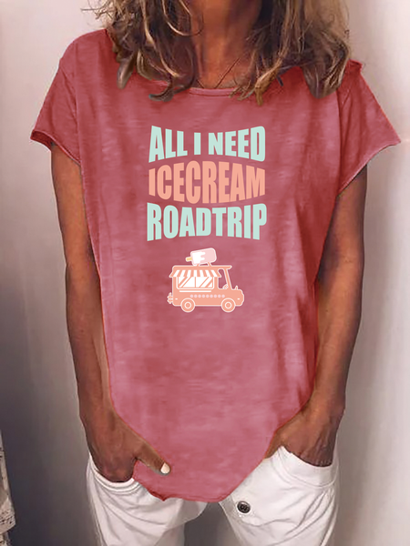 

I Need Ice Cream Road Trip Vacation Crew Neck Short Sleeve Tops, Pink, T-shirts